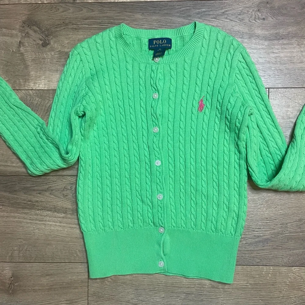 Polo by Ralph Lauren Vibrant Green Cable Knit Cardigan Sz M (8-10) - Picture 2 of 8
